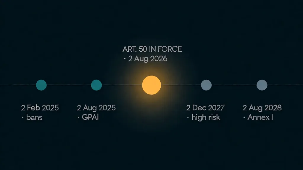 EU AI Act timeline after the Digital Omnibus: bans since 2 February 2025, GPAI duties since 2 August 2025, Article 50 in force since 2 August 2026, high-risk requirements (Annex III) from 2 December 2027, Annex I from 2 August 2028