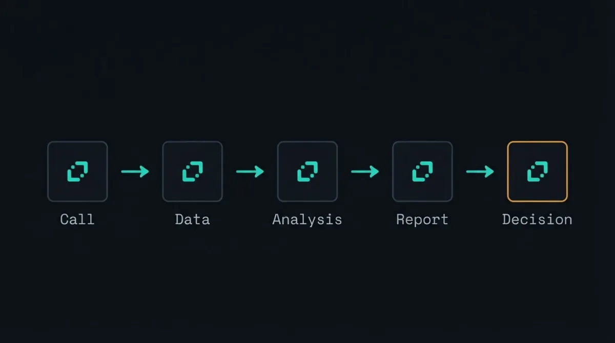 Five audit steps in one row: Call, Data, Analysis, Report and the Decision step outlined in amber.