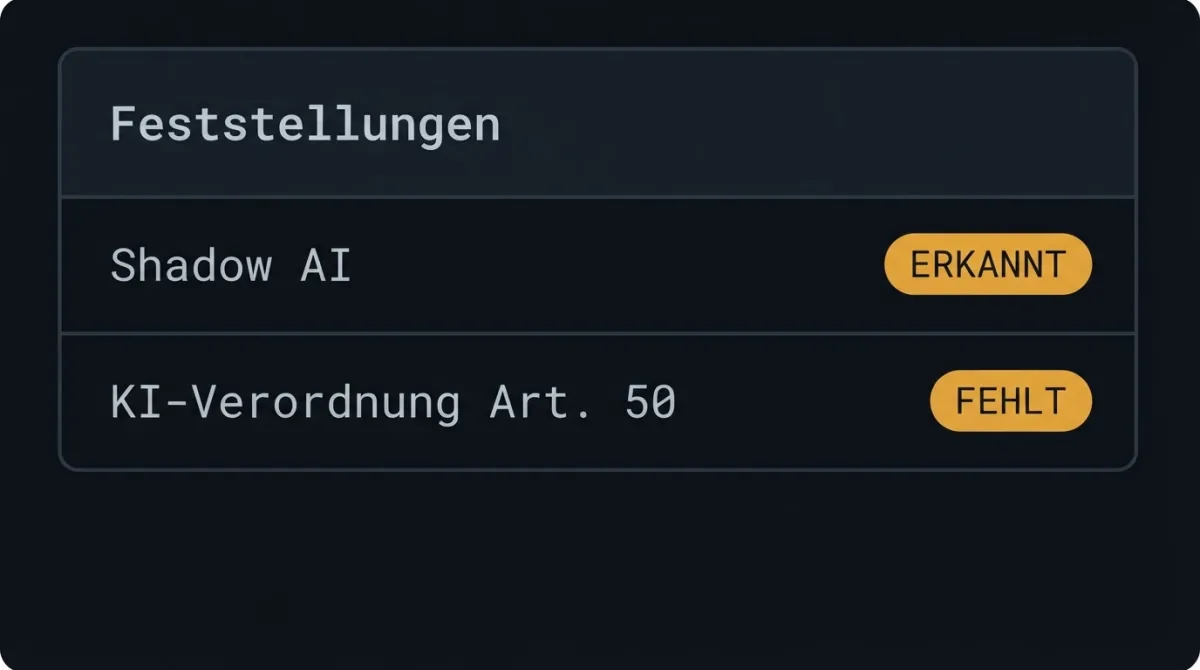 Panel „Feststellungen“ mit zwei Prüfzeilen: „Shadow AI“ mit dem Status ERKANNT und „KI-Verordnung Art. 50“ mit dem Status FEHLT.